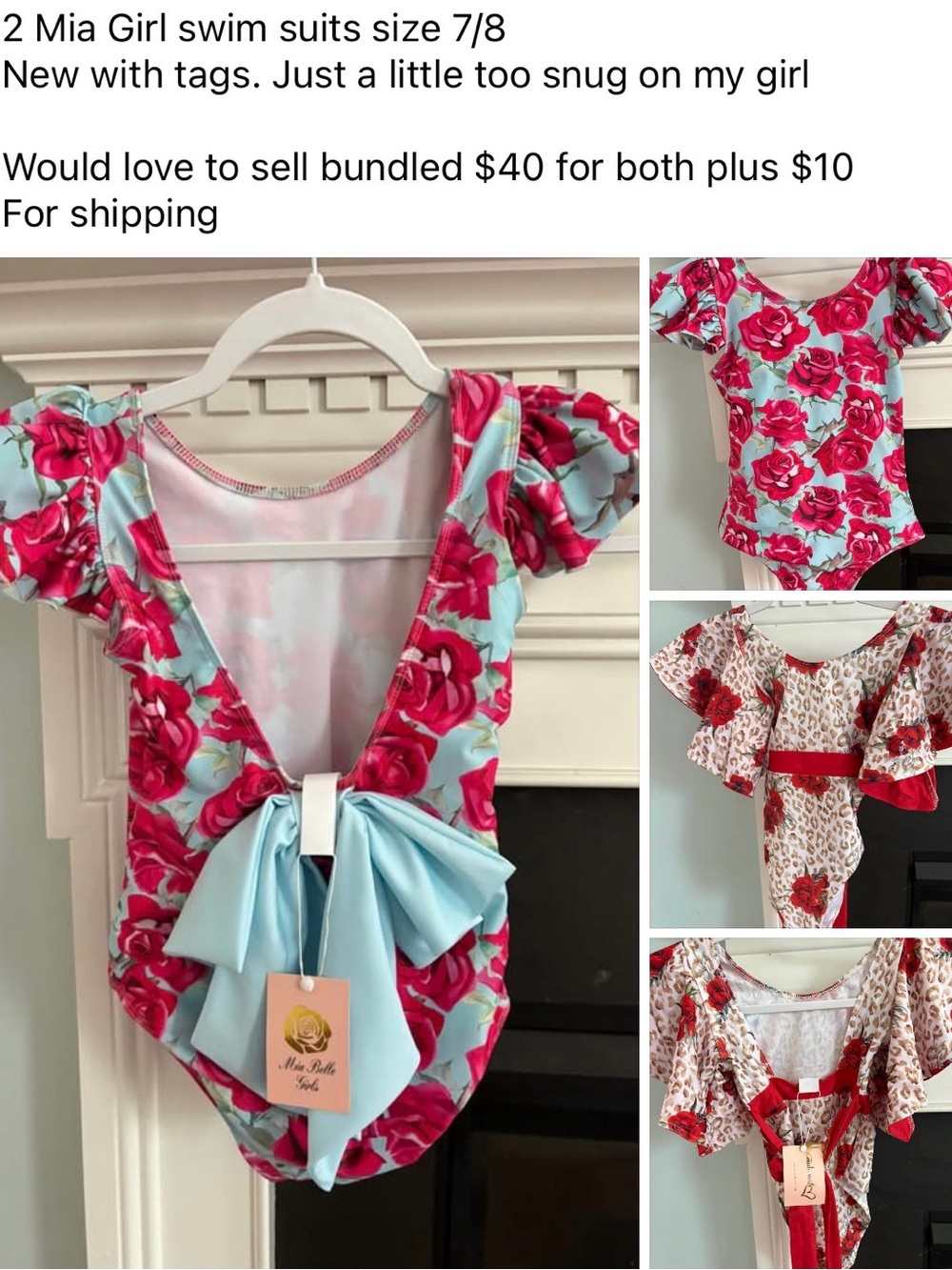 Miss Belle Girls Floral One-Piece Swimsuit with Blue Bow